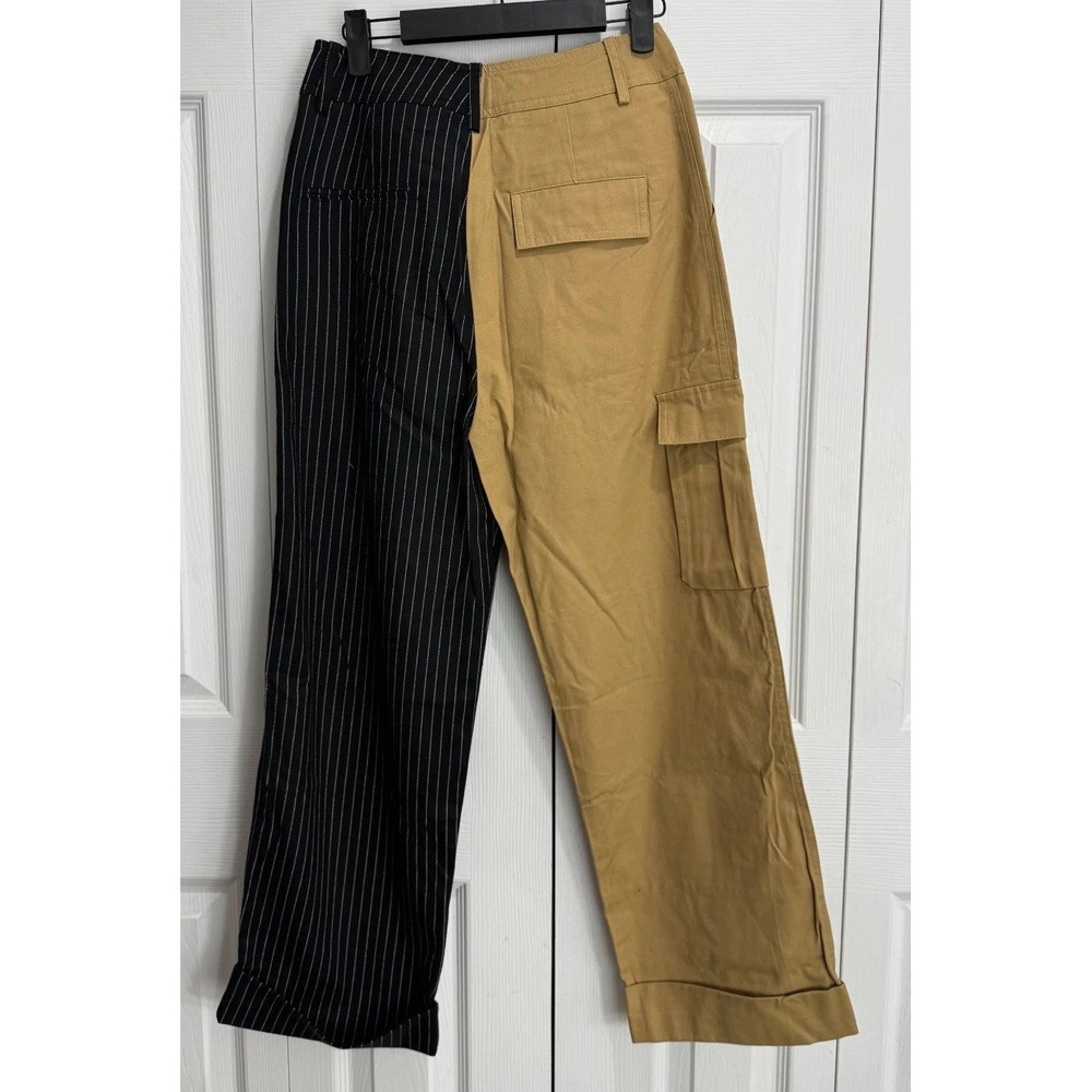 NWT Choosy‎ Two-Tone Pinstripe Cargo Pants Women's 2 Tan Black Pull-On Wide-Leg - Picture 5 of 12